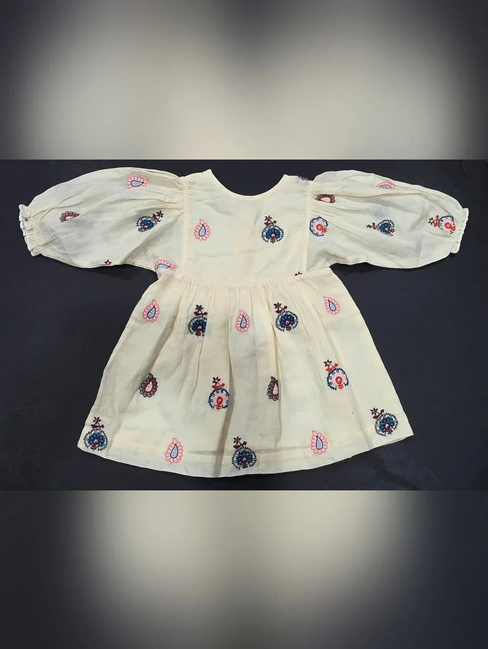 Pink Chicken Ava Bella Cream Embroidered Puff-Sleeve Dress w Multicolor Motifs